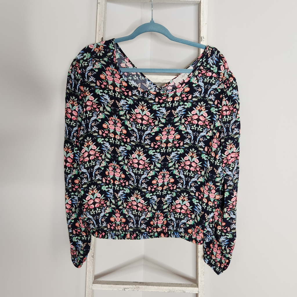 Loft Top Womens Xl Colorful Floral Trellis Wrap Back Long Sleeve Elastic Waist